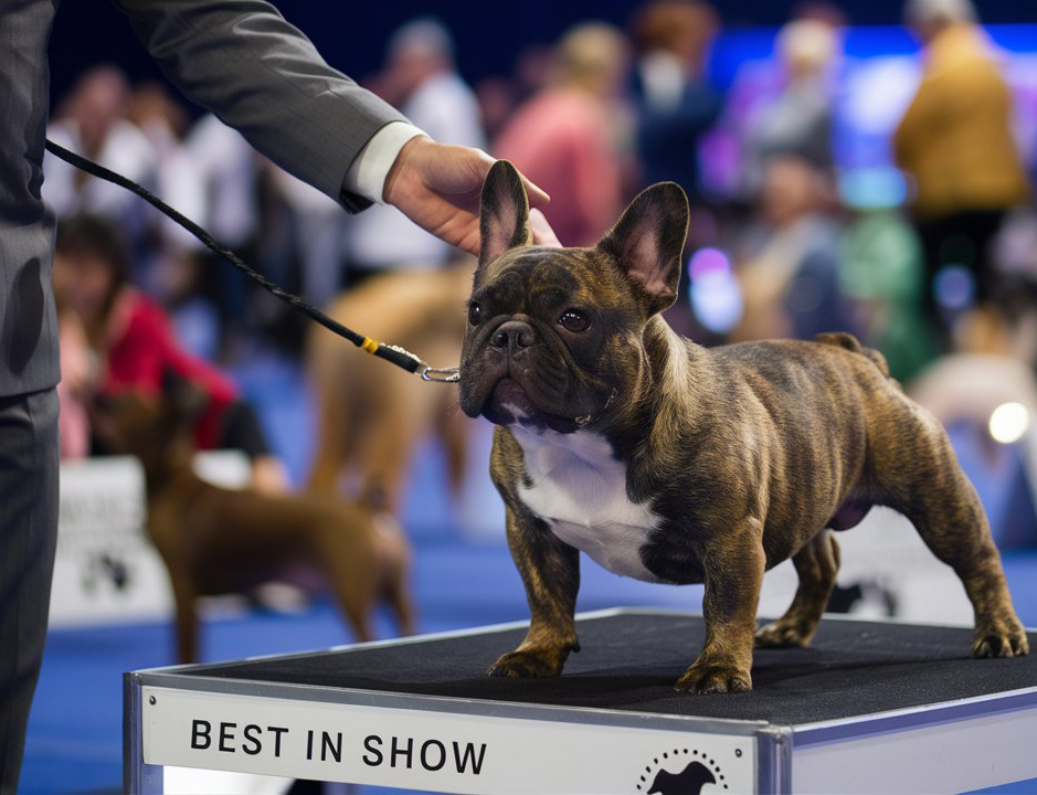 Bulldog Francês tigrado em cima de uma mesa, exibindo seu padrão em um campeonato de melhores da raça.