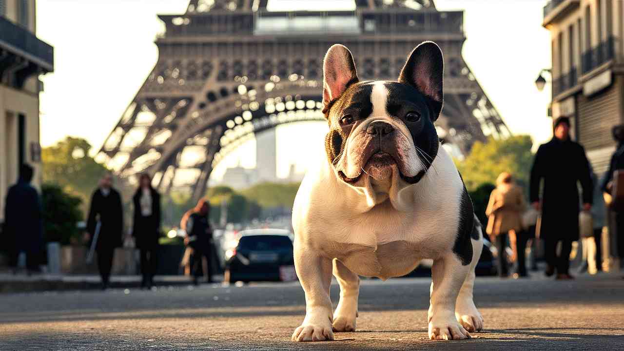 Bulldog Francês com pelagem branca e preta em pose imponente, com a Torre Eiffel ao fundo e pessoas andando atrás.